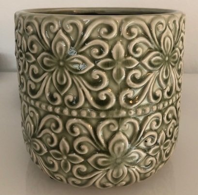 Blumentopf Übertopf "Melbo" aus Keramik Mediterran pastell-grün mit Blumenverzierung